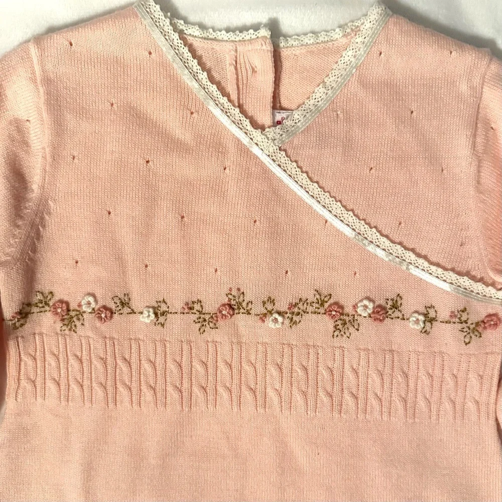 Vintage 2003 Gymboree FOX TROT Pink Sweater Dress 18-24M Floral Appliqué